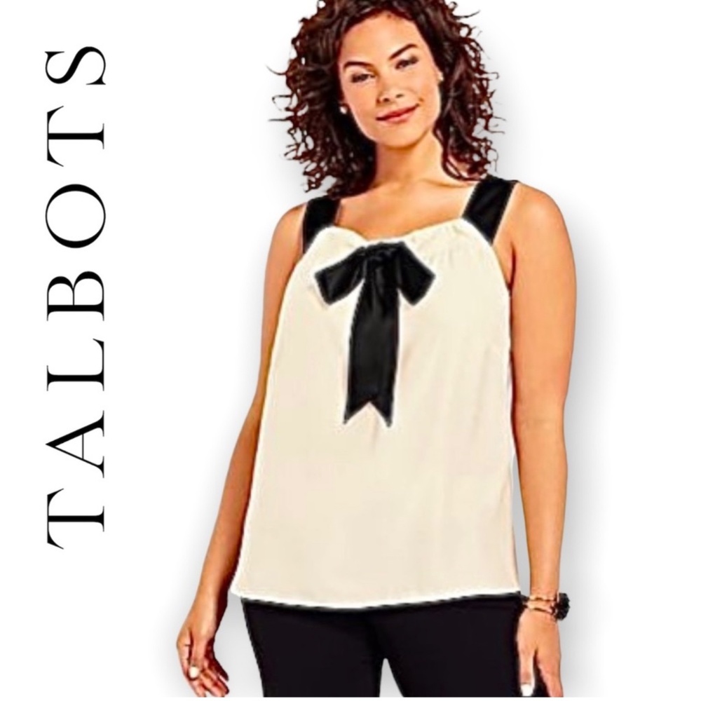 RSVP By Talbots Silk Sleeveless Top with Bow Ivory/Black Size Medium Petite